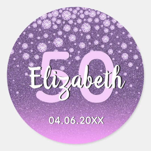 50th誕生日パーティーパープルピンクグリッターダイヤモンド ラウンドシール (正面)