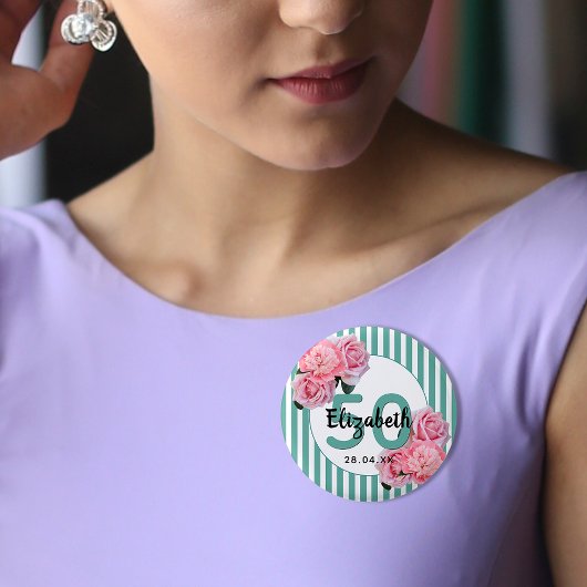50th誕生日パーティーピンクの花ティール(緑がかった色)ストライプ 缶バッジ