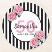 50th誕生日パーティーピンク花模様ブラックストライプ ラウンドペーパーコースター (正面)