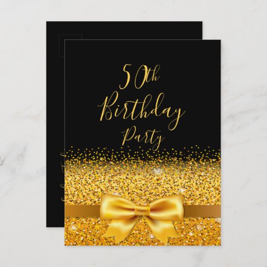 50th誕生日パーティーブラックガーリゴールドボウ招待 ポストカード (正面/裏面)