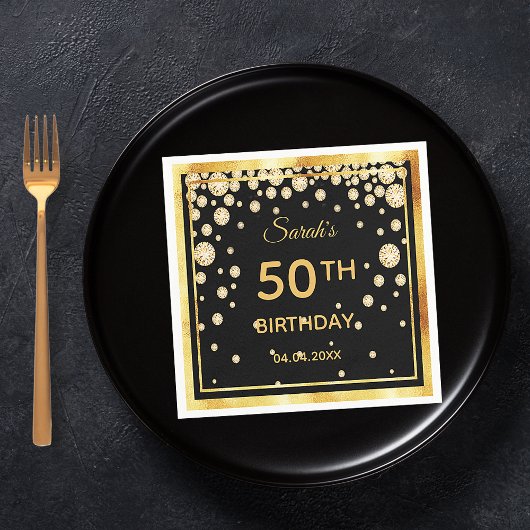 50th誕生日パーティーブラック金ゴールドダイヤモンド スタンダードカクテルナプキン