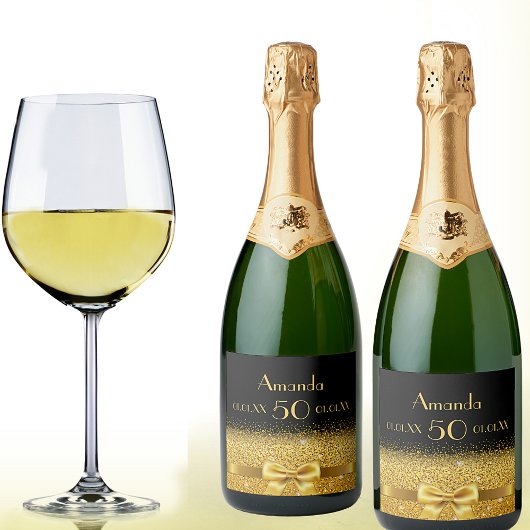 50th誕生日パーティーブラック金ゴールド名chic スパークリングワインラベル