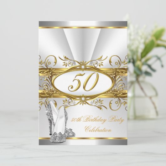 50th誕生日パーティーホワイト金ゴールドシルバーヒール 招待状 (スタンド正面)