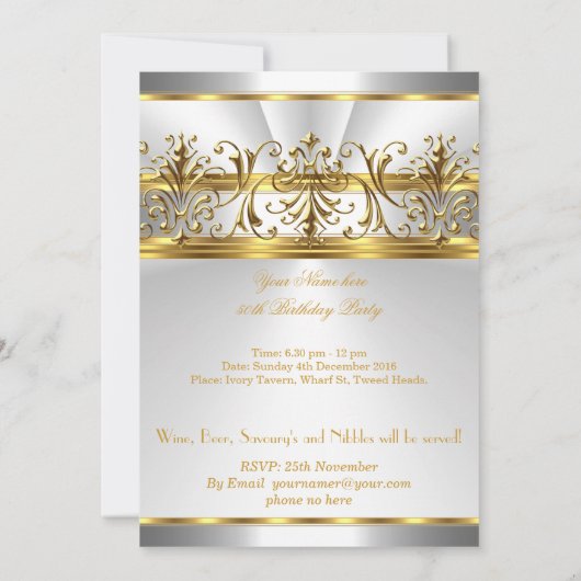 50th誕生日パーティーホワイト金ゴールドシルバーヒール 招待状 (裏面)