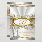 50th誕生日パーティーホワイト金ゴールドシルバーヒール 招待状 (正面/裏面)