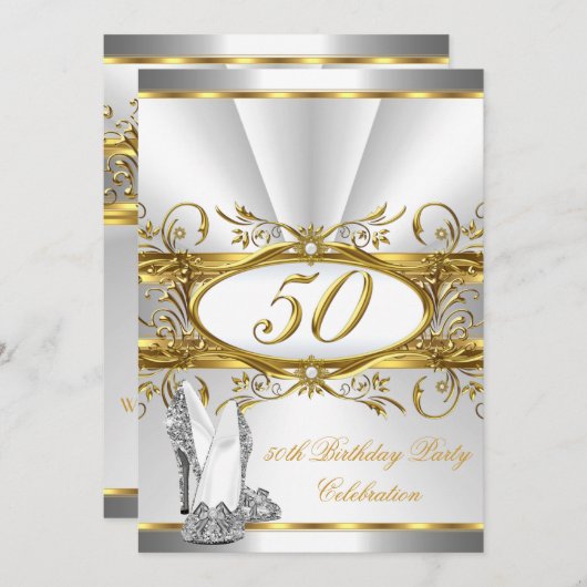 50th誕生日パーティーホワイト金ゴールドシルバーヒール 招待状 (正面/裏面)
