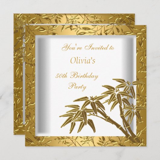 50th誕生日パーティーホワイト金ゴールド竹フローラアジア 招待状 (正面/裏面)