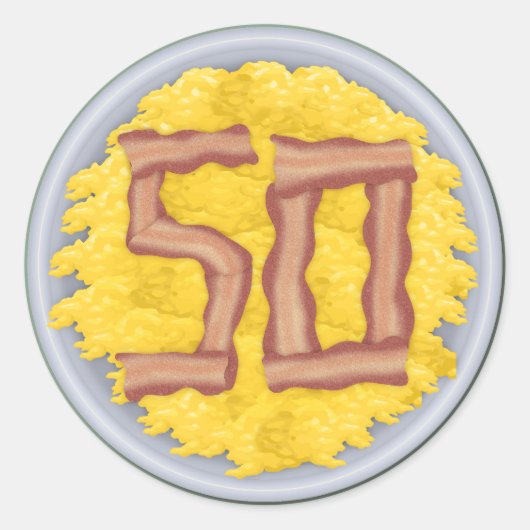 50th誕生日パーティーメンズベーコンおもしろいエッグ ラウンドシール (正面)