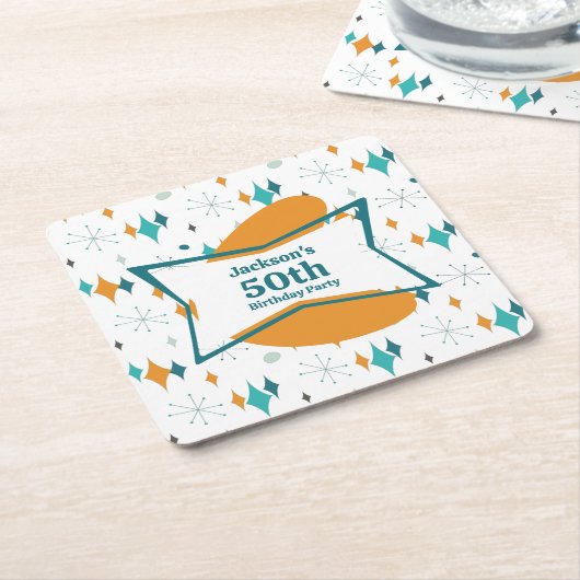 50th誕生日パーティーレトロミッドセンチュリー任意の年齢 スクエアペーパーコースター (アングル)