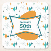 50th誕生日パーティーレトロミッドセンチュリー任意の年齢 スクエアペーパーコースター (正面)