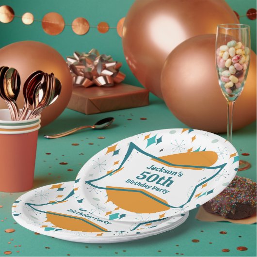 50th誕生日パーティーレトロミッドセンチュリー任意の年齢 ペーパープレート (複数)