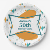 50th誕生日パーティーレトロミッドセンチュリー任意の年齢 ペーパープレート (正面)
