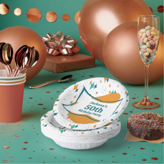 50th誕生日パーティーレトロミッドセンチュリー任意の年齢 ペーパーボウル (複数)
