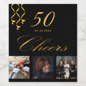 50th誕生日パーティー写真ブラック金ゴールド応援スクリプト ワインラベル (シングルラベル)
