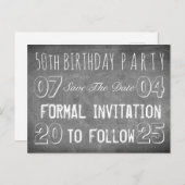 50th誕生日パーティー日付を保存Chalkboard 案内ポストカード (正面/裏面)