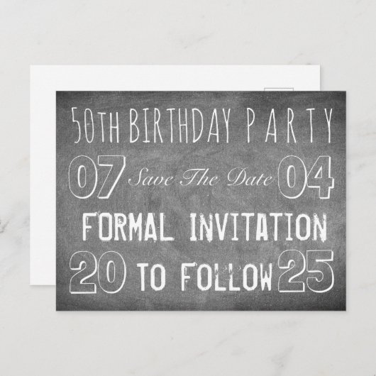50th誕生日パーティー日付を保存Chalkboard 案内ポストカード (正面/裏面)