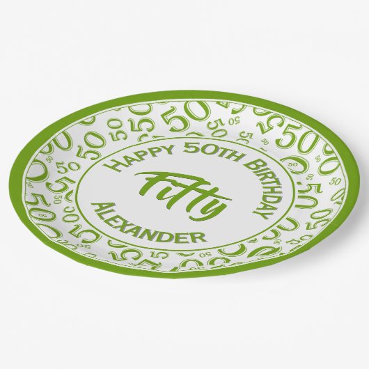 50th誕生日パーティー番号パターングリーン/ホワイト50 ペーパープレート (アングル)