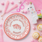 50th誕生日パーティー番号パターンコーラル/ホワイト50 ペーパープレート (パーティー)