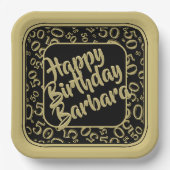 50th誕生日パーティー番号パターンブラック金ゴールド ペーパープレート (正面)