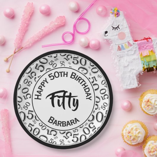 50th誕生日パーティー番号パターンブラック/ホワイト50 ペーパープレート (パーティー)