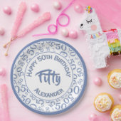 50th誕生日パーティー番号パターンブルー/ホワイト50 ペーパープレート (パーティー)