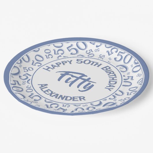 50th誕生日パーティー番号パターンブルー/ホワイト50 ペーパープレート (アングル)