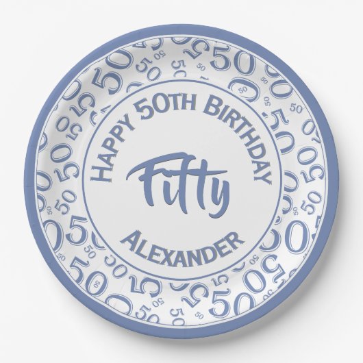 50th誕生日パーティー番号パターンブルー/ホワイト50 ペーパープレート (正面)