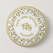 50th誕生日パーティー番号パターン金ゴールド/白50 缶バッジ (正面)