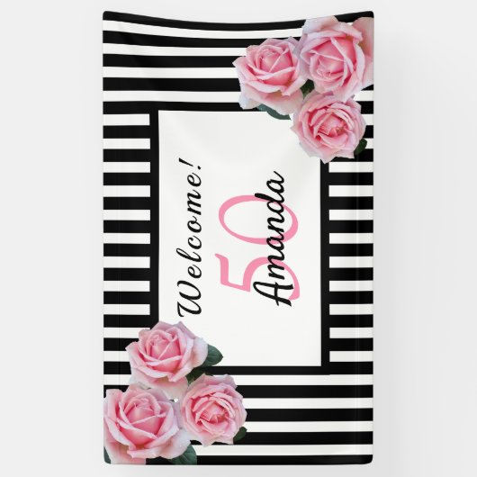 50th誕生日パーティー白黒ストライプ花模様 横断幕 (縦)