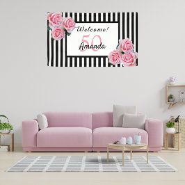 50th誕生日パーティー白黒ストライプ花模様 横断幕