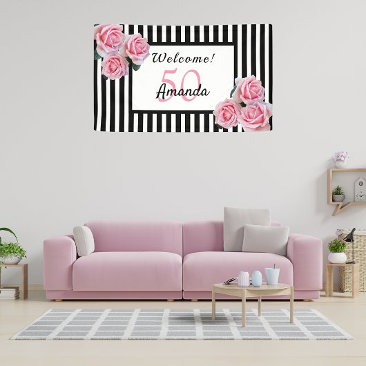 50th誕生日パーティー白黒ストライプ花模様 横断幕