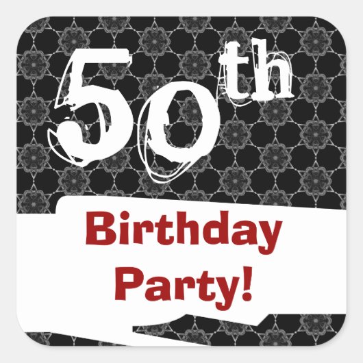 50th誕生日パーティー白黒パターンと赤 スクエアシール (正面)