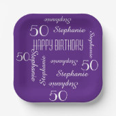 50th誕生日パーティー繰り返し名前スクエアパープル ペーパープレート (正面)