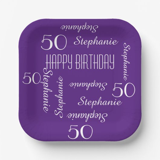50th誕生日パーティー繰り返し名前スクエアパープル ペーパープレート (正面)