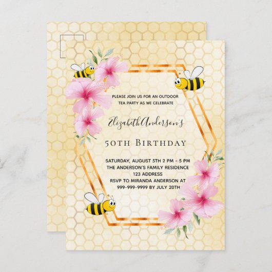 50th誕生日パーティー花模様ティーパーティの招待状 ポストカード (正面/裏面)