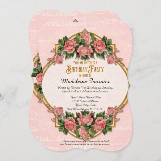 50th誕生日パーティー金ゴールドグリッターヴィンテージバラ 招待状 (正面/裏面)