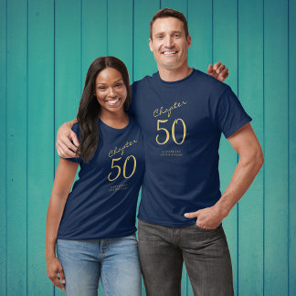 50th誕生日パーティー金ゴールドスクリプトブルー tシャツ