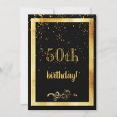 50th誕生日パーティー金ゴールドフレームブラック 招待状 (正面)