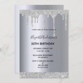 50th誕生日パーティー銀金属グリッタードリップ 招待状 (正面/裏面)