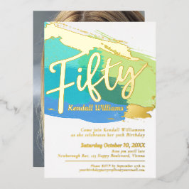 50th誕生日パーティー青い緑の金ゴールド写真抽象芸術 箔招待状