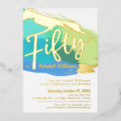50th誕生日パーティー青い緑の金ゴールド写真抽象芸術 箔招待状 (正面)