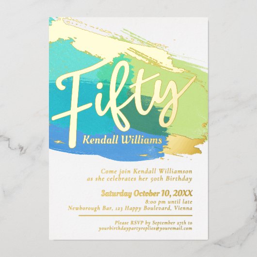 50th誕生日パーティー青い緑の金ゴールド写真抽象芸術 箔招待状 (正面)