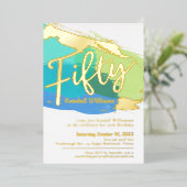 50th誕生日パーティー青い緑の金ゴールド写真抽象芸術 箔招待状 (立ち正面)