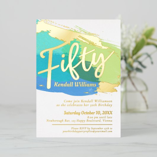 50th誕生日パーティー青い緑の金ゴールド写真抽象芸術 箔招待状 (立ち正面)