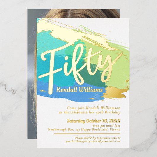 50th誕生日パーティー青い緑の金ゴールド写真抽象芸術 箔招待状 (正面/裏面)