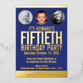 50th誕生日パーティー青い金ゴールドフォイルの写真サークル 箔招待状 (正面)