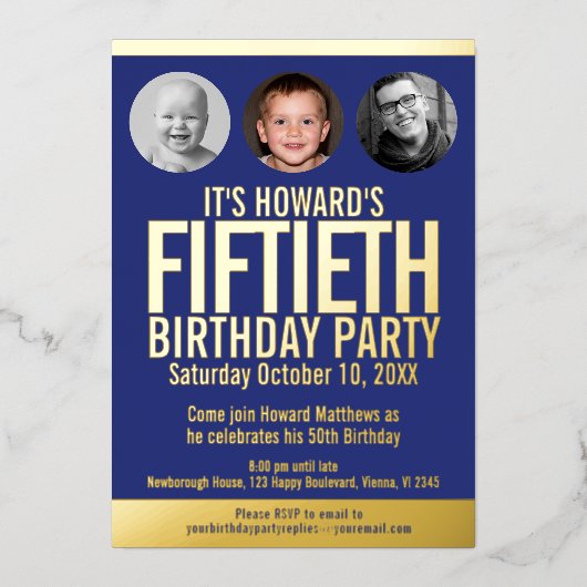 50th誕生日パーティー青い金ゴールドフォイルの写真サークル 箔招待状