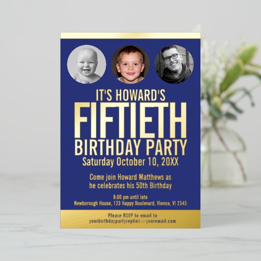 50th誕生日パーティー青い金ゴールドフォイルの写真サークル 箔招待状 (立ち正面)