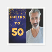 50th誕生日パーティー青い金ゴールド写真 スタンダードカクテルナプキン (正面)