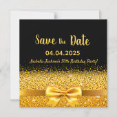 50th誕生日パーティー黒い金ゴールドボウ日付を保存 マグネット招待状 (正面)
